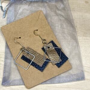 Faux Leather Handmade Geometric Silver Diamond Wire Hook Earrings